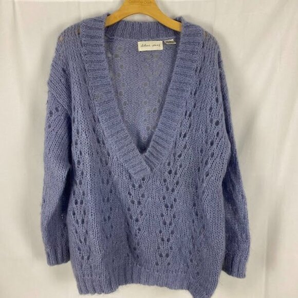 Chelsea Young Lt. Blue Mohair V Neck Loose Knit Sweater Women's Large - Picture 1 of 13